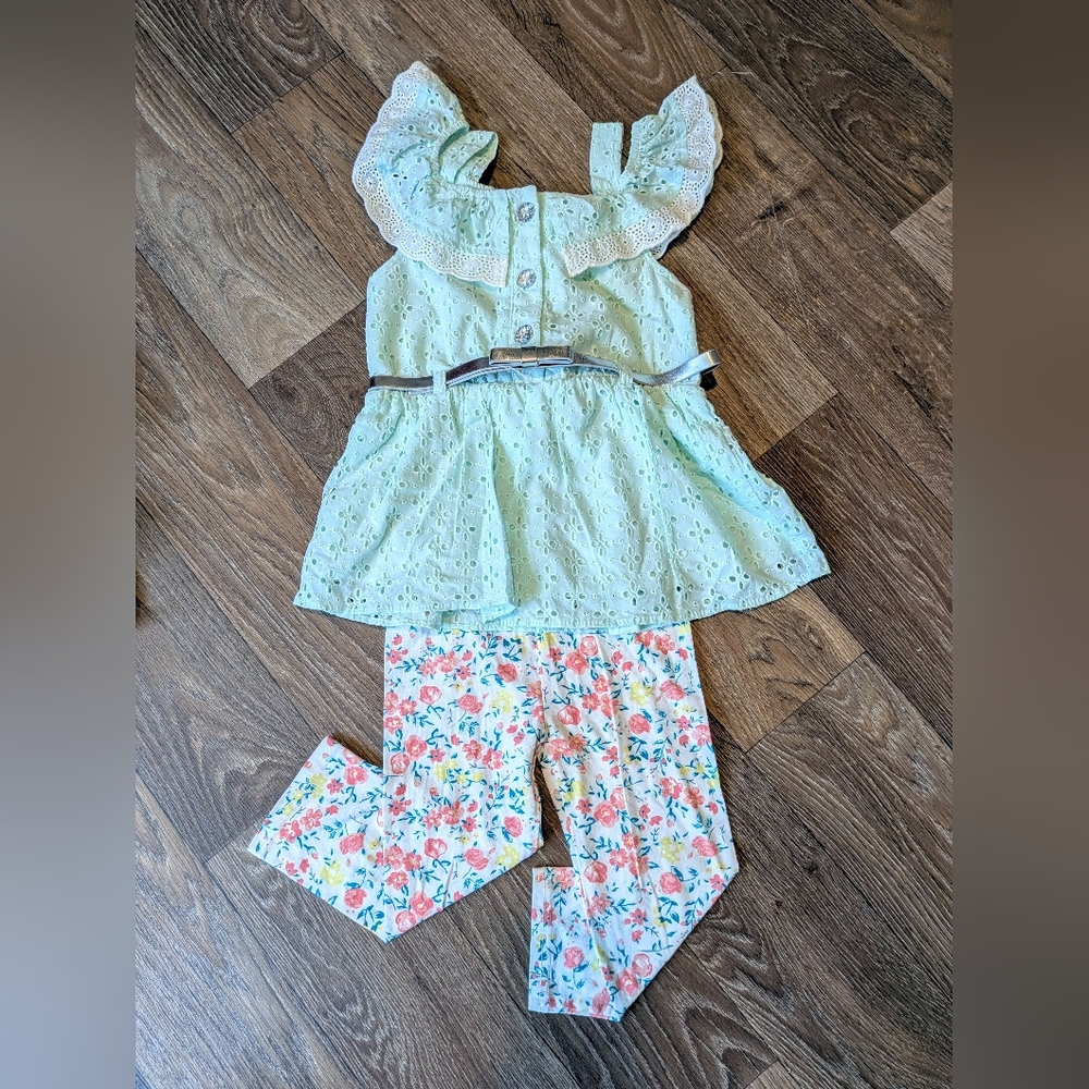 Little Lass Mint Top and Floral Leggings Set